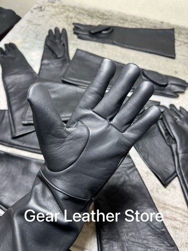 MEN's LONG BLACK LEATHER GLOVES-SILK LINED GENUINE LAMBSKIN LEATHER-HIGH QUALITY - Picture 5 of 9