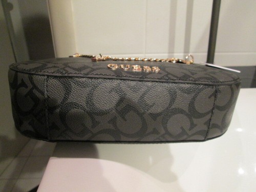 GUESS BOBBIN slanted shoulder bag, chain pockets, zip, coal logo, BNWT - Picture 10 of 13