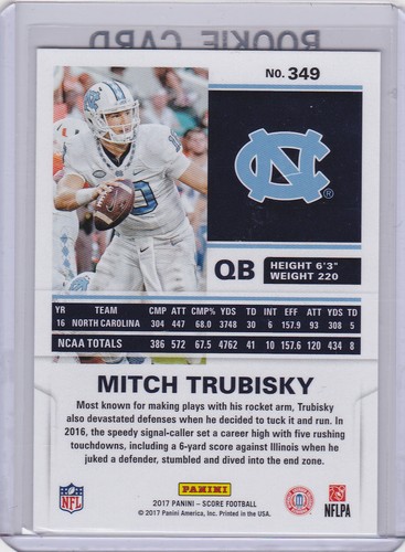 MITCH TRUBISKY ROOKIE CARD Chicago Bears UNC College Football RC 2017 punteggio come nuovo - Foto 2 di 2