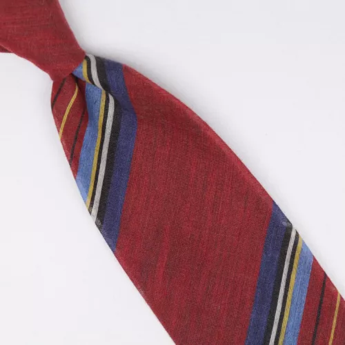 John G Hardy Mens Wool Silk Necktie Red Blue Yellow Stripe Weave Lightweight Tie