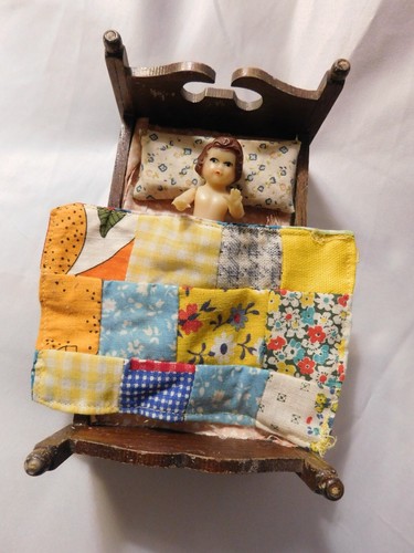 Vintage Doll Bed with Quilt and Pillow and German ARI Rubber Doll 1020