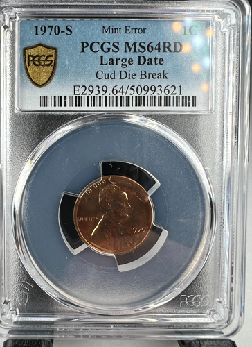 1970 S Lincoln Penny Cent, 1C, Large Date CUD die break ERROR PCGS MS 64 RD - Picture 1 of 5