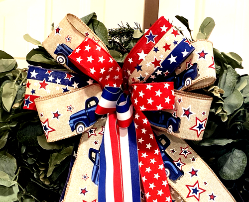Patriotic Bow  12” x 20” Handmade 4 Ribbons 10 loops Bow Only Veterans Day - Picture 6 of 12