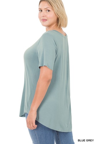 1X 2X 3X Luxe Rayon V Neck Short Sleeve Top Hi-Low Rounded Hem Loose Fit T Shirt - Picture 6 of 70