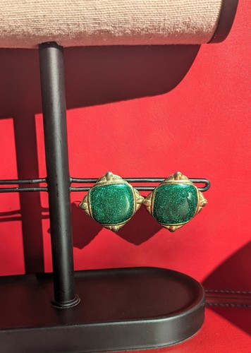 Vtg 80s Gold Tone Green Glitter Enamel Swirl Diamond Shape Statement Earrings - Picture 4 of 12