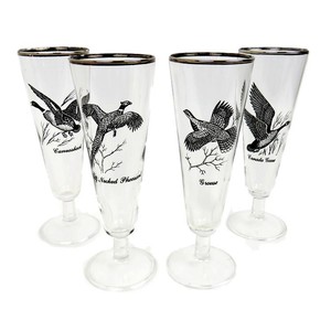 Vintage-Richard-Bishop-MCM-Wild-Game-Bird-Pilsner-Flute-Glasses-8-034-T-Set-Of-4