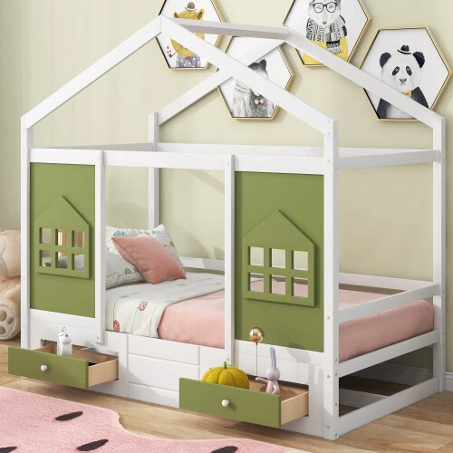 Cama de casa de madera maciza con cajones de almacenamiento doble tamaño plataforma cama niños marcos de cama Foto 4 de 4