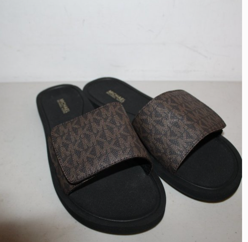 NIB MICHAEL KORS Wade Size 7 M Brown Repeat Logo Women’s Slide Sandals MSRP $99 - Picture 3 of 4