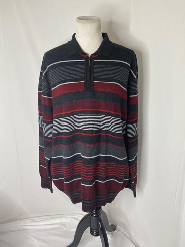Men’s XXL Sweater Montechiaro Red White Grey and Black Striped Quarter Zip - Picture 2 of 9