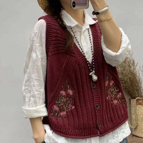Damen Bestickt Weste Strickjacke Pullover Tank Top Retro Weste Gestrickt - Bild 6 von 10