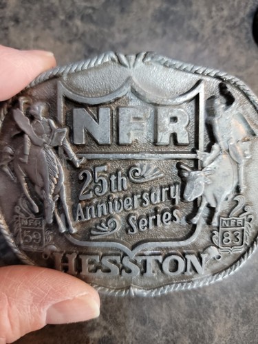 Vintage 1983 25th Anniv. Hesston NFR National Finals Rodeo Belt Buckle with Belt - Picture 2 of 16