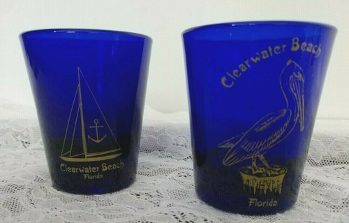Kobaltblau Glas Schnapsgläser Goldbilder Clearwater Florida Souvenir - Bild 2 von 4