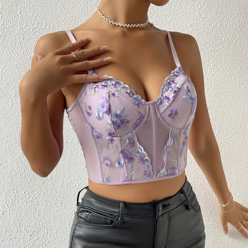 Canotta donna sexy maglia ricamo fiori anello acciaio cinturino spina di pesce - Foto 9 di 14