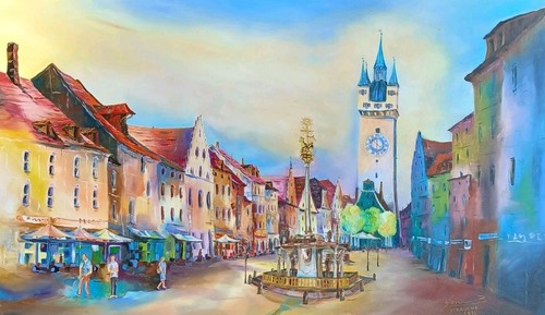 Straubing 60 X 100 cm Original Leinwandbild in Öl Bernhard Gerner blau gelb 🎨 - Bild 1 von 23