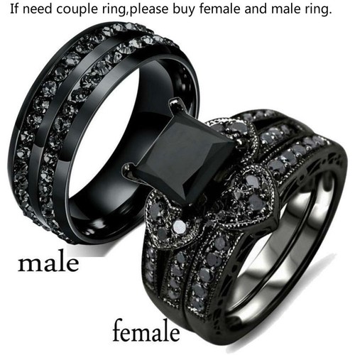 Couples Wedding Bands Womens 18K Black GP&Titanium Steel Mens Engagement Ring - Picture 1 of 11