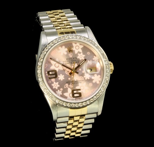 Rolex Mens Gold Stainless Steel Datejust Floral Dial  Diamond Bezel Watch - Picture 2 of 10