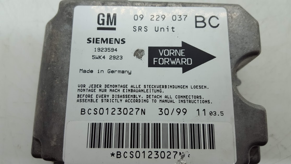 1998-2004 VAUXHALL OPEL ASTRA G MK4 Airbag Module de contrôle GM 09229037BC Siemens