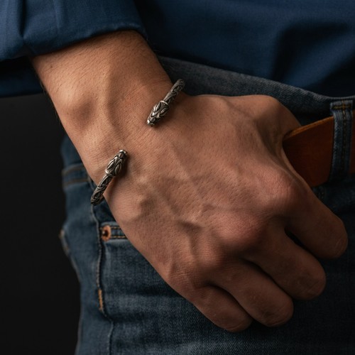 BRACCIALE VICHINGO ARGENTO BRACCIO NORVEGESE ANELLO TESTA DRAGO TORC NORDICO GIOIELLI VICHINGHI - Foto 8 di 8