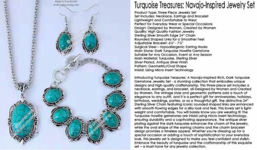 Navajo-Inspired 3-Pc Jewelry Set: Dark Turquoise Necklace, Earrings, Bracelet - Picture 11 of 22