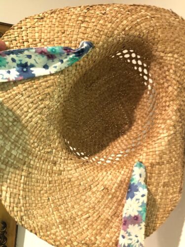 Vintage Country Farmhouse Gardening Decorative Straw Hat/Blue Floral Fabric Ties - Picture 3 of 4