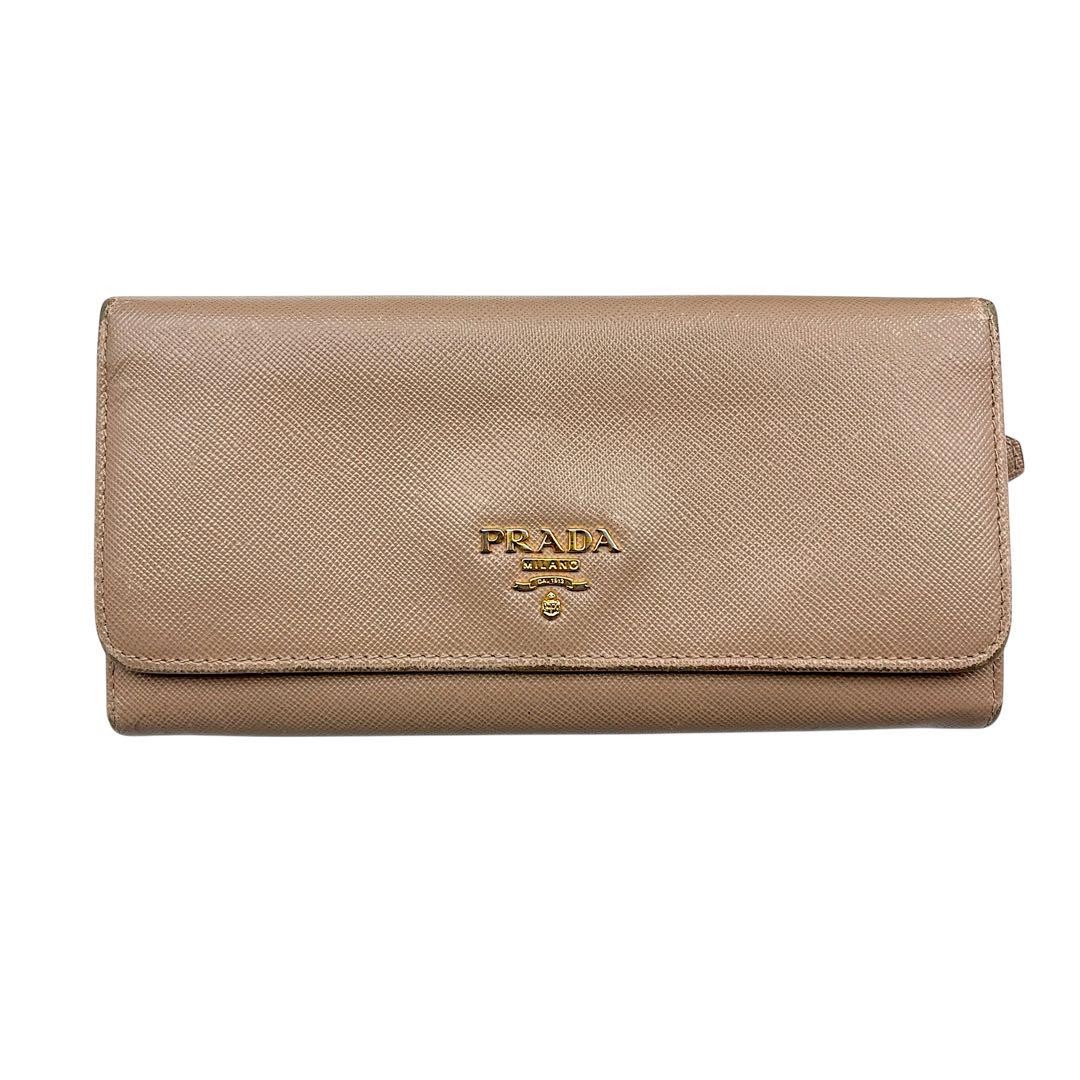 Prada Saffiano Leather Long Wallet in Beige with Gold Logo Pre-Owned