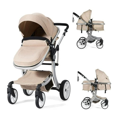 Convertible Baby Stroller with Adjustable Canopy & Storage -Beige
