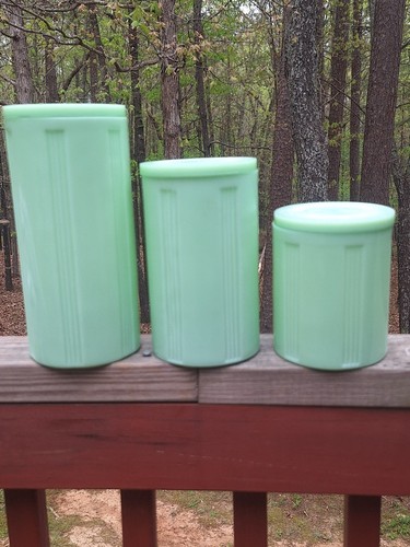 Vtg Jadeite Canister Set Of 3 Ribbed Round With Lids 8.5" 6.3" 4.5"