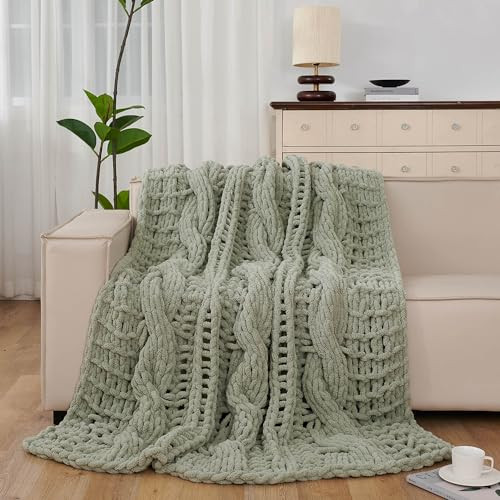 Chunky Knit Blanket Throw 50"x60", 100% Hand Knitted Chenille Throw Blanket, - Picture 8 of 8