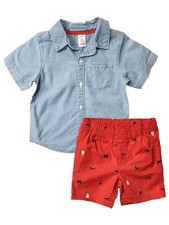 Carters Infant Boys Blue Button Up Shirt & Red Sea Life Shorts Outfit Set 24m