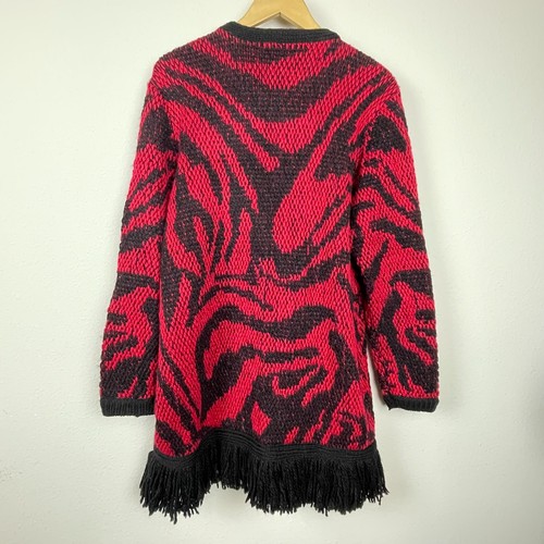 NWT Chico’s Duster Cardigan Sz 1 Small Red Black Fringe Hem Boho Western Sweater - Picture 2 of 7
