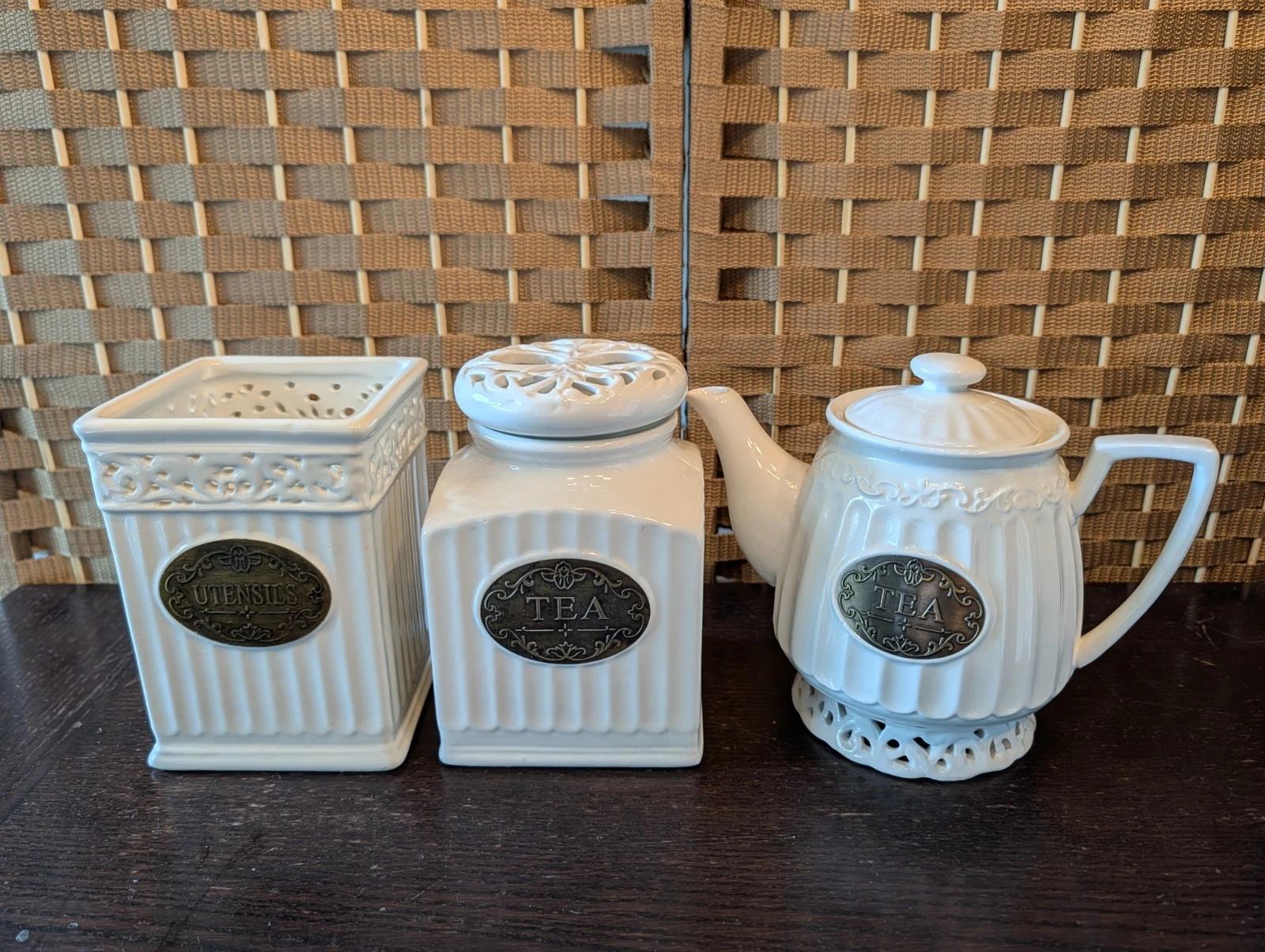 THL French Farmhouse Ceramic Canisters- Tea, Teapot and Utensils Holder