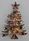 Vtg Eisenberg Ice Christmas Tree Brooch Gold Tone Multicolor Rhinestones 1.75"