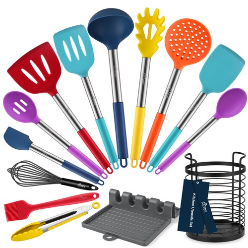 Utensilios de cocina de silicona resistentes al calor, juego de utensilios de cocina, juego de espátulas, B...