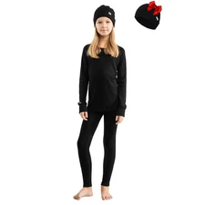 Kids Unisex Midweight Merino Wool Thermal Underwear & Cuff Beanie Set