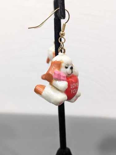 Valentine Puppy Earrings LOVE YOU Heart Dangle Cute Dog Novelty Jewelry Retro - Picture 2 of 8