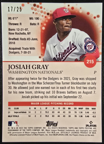 2022 Topps Pristine #215 JOSIAH GRAY Orange Refractor #/25 Rookie Card (RC) - Picture 2 of 2