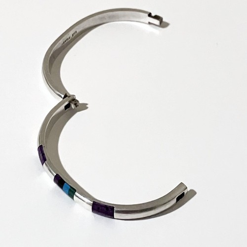 Brazalete Brazalete Bisagras Piedras Incrustadas Multicolor México Plata de Ley .925 8.5" - Imagen 4 de 5
