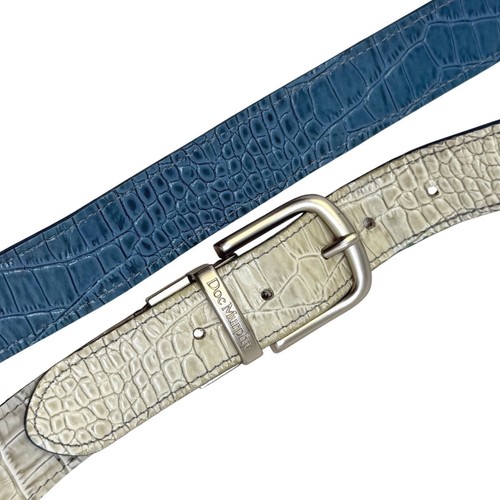 Doc Murphy Reversible All Leather Croc Belt Sz 40 Embossed Cowhide Blue Cream