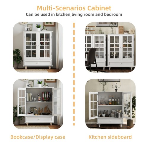 Sideboard Buffet Cabinet with Storage Drawer 2 Glass Doors Wooden Cupboard Black - Picture 32 of 71