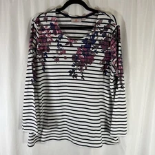 Quacker Factory Top Women's 1X White Striped Floral Long Sleeve Embellished