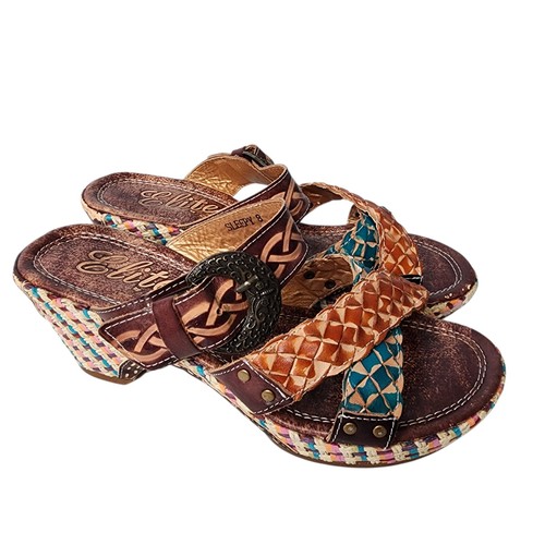 Elite by Corkys Sleepy Multicolor Wedge Leather Sandals Slides Boho Artsy 8 - Picture 2 of 10