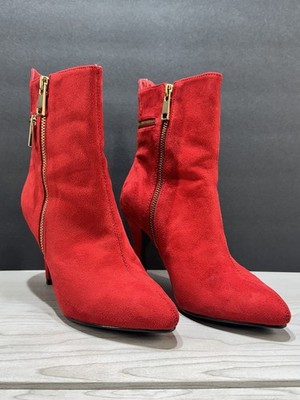 Bellini Claudia Red Suede Ankle Boots Size 6.5 M Gold Zipper Heeled Bootie