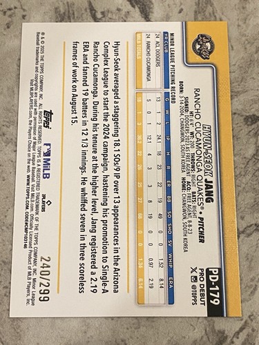 2025 Topps Pro Debut - #PD-179 Hyun - Seok Jang Purple Foil /299 - Quakes - Bild 2 von 2