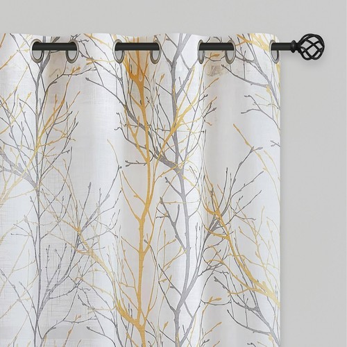 FMFUNCTEX Semi-Sheer Print Curtains 84-inch Long for Bedroom Yellow Grey Curtain