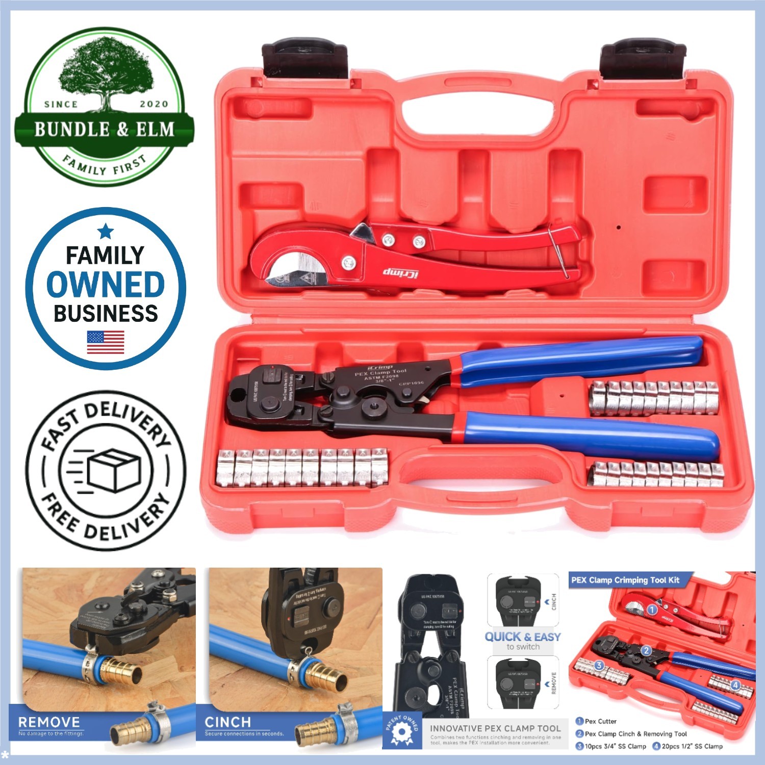 PEX Clamp Tool Kit 3 8-1 w Rings & Tubing Cutter - All-in-one Crimping Set