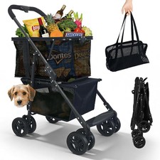 Folding Shopping Cart 2-in-1 Pet Cart W/ Removable Basket  Lower Dogs Stroller