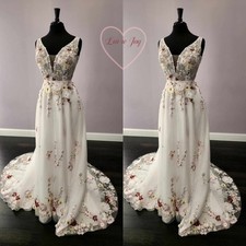 Bohemian Wedding Dresses Floral Embroidered Deep V Neck Bridal Gown with Train