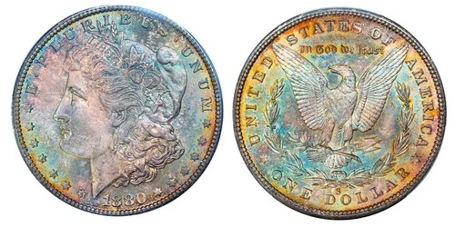 1880-S PCGS MS65 MORGAN $ - GORGEOUS MULTICOLOR - RAINBOW TONED (VIDEO)