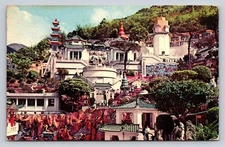 Vintage Photochrome Postcard of Tiger Balm Garden Hong Kong Pagoda View