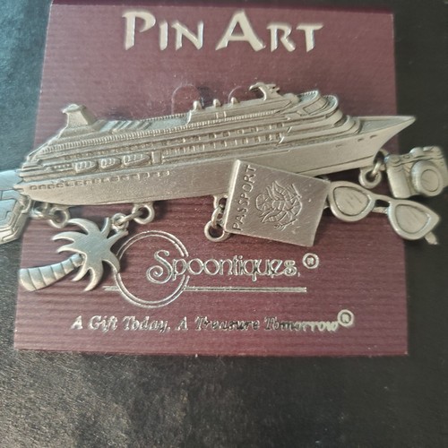 Spoontiques Cruise Ship 2.5" Brooch Lapel Hat Travel Pin With Dangle Charms J.J. - Picture 2 of 5
